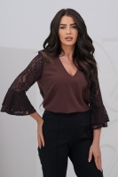 Stylowa bluzka damska koronkowy rękaw 3/4 dekolt V - brąz